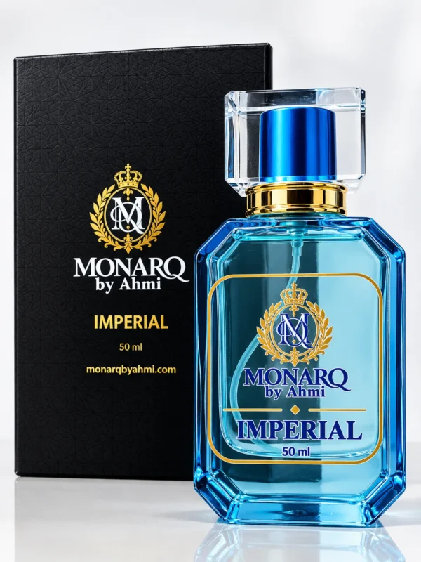 Monarq Imperial 50ml blue perfume bottle beside its black gift box