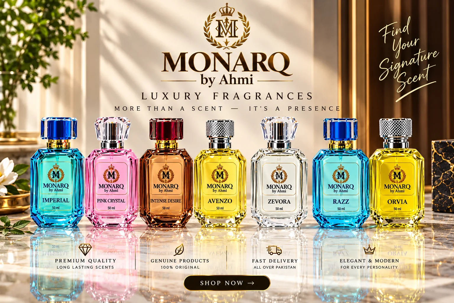 Monarq by Ahmi luxury fragrances: Imperial, Pink Crystal, Intense Desire, Avenzo, Zevora, Razz and Orvia 50 ml perfumes