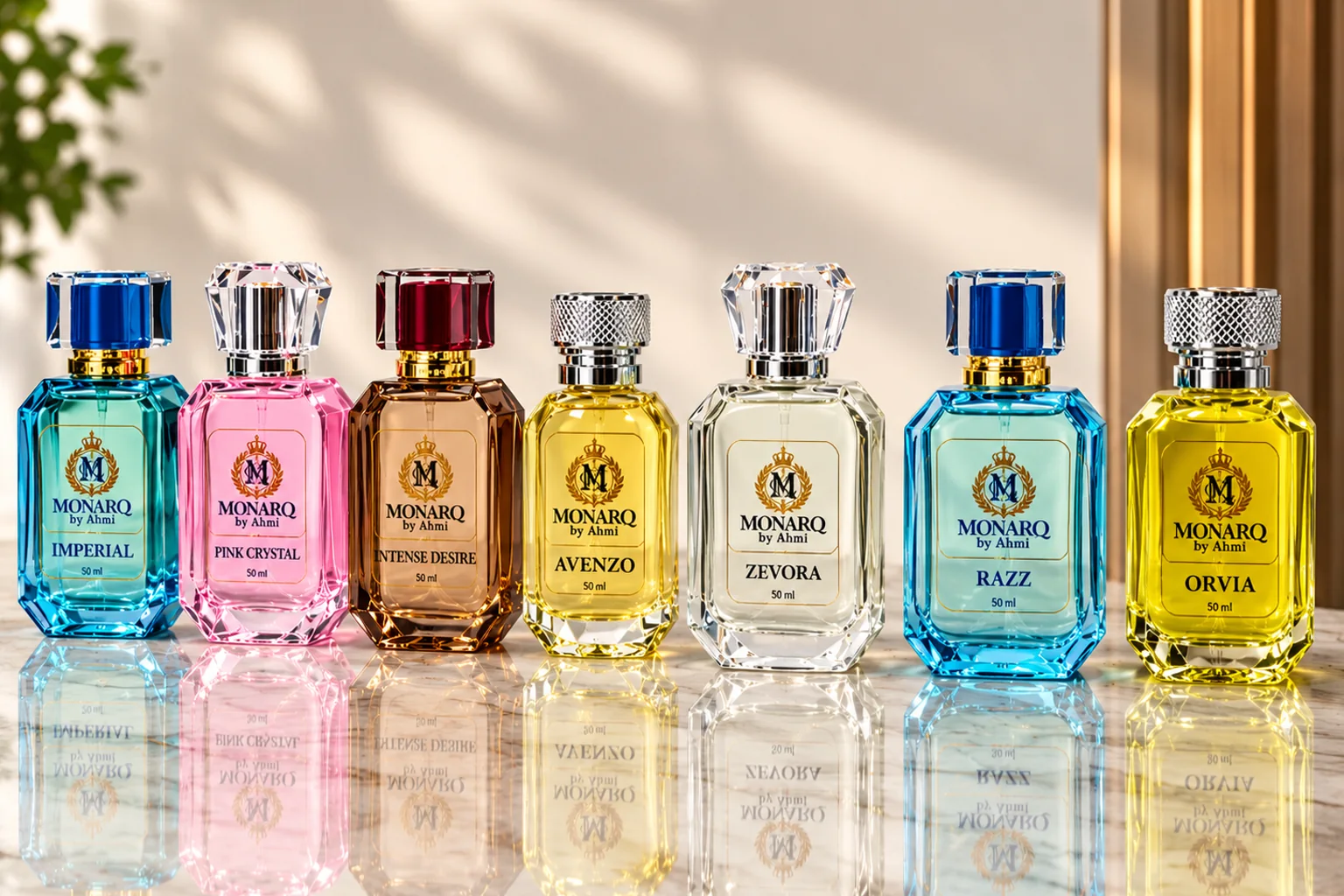 Seven Monarq by Ahmi 50 ml perfume bottles on a marble counter: Imperial, Pink Crystal, Intense Desire, Avenzo, Zevora, Razz and Orvia
