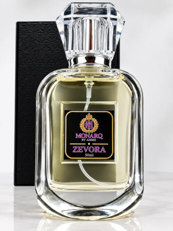 Monarq Zevora 50ml perfume bottle beside its black gift box